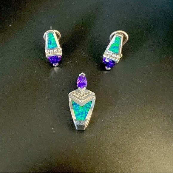 Blue Opal & Amethyst Earrings with Matching Pendant– Sterling Silver Jewelry Set - Picture 4 of 16